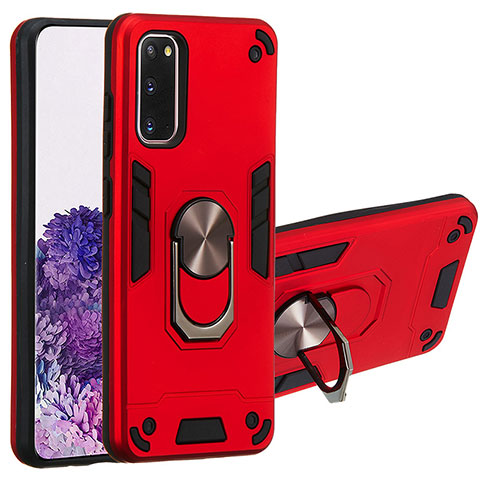 Silikon Hülle Handyhülle und Kunststoff Schutzhülle Hartschalen Tasche mit Magnetisch Fingerring Ständer Y01B für Samsung Galaxy S20 Rot