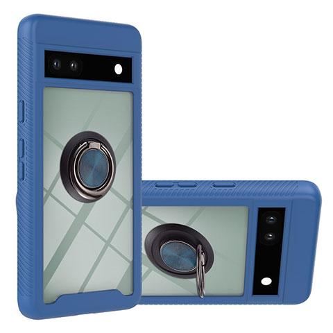 Silikon Hülle Handyhülle und Kunststoff Schutzhülle Hartschalen Tasche mit Magnetisch Fingerring Ständer YB1 für Google Pixel 7a 5G Blau