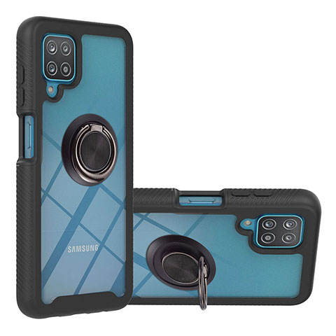 Silikon Hülle Handyhülle und Kunststoff Schutzhülle Hartschalen Tasche mit Magnetisch Fingerring Ständer YB1 für Samsung Galaxy A12 5G Schwarz