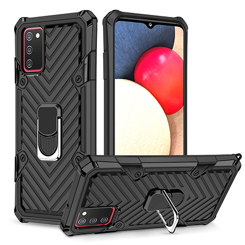 Silikon Hülle Handyhülle und Kunststoff Schutzhülle Hartschalen Tasche mit Magnetisch Fingerring Ständer YF1 für Samsung Galaxy A02s Schwarz