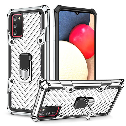 Silikon Hülle Handyhülle und Kunststoff Schutzhülle Hartschalen Tasche mit Magnetisch Fingerring Ständer YF1 für Samsung Galaxy A02s Silber