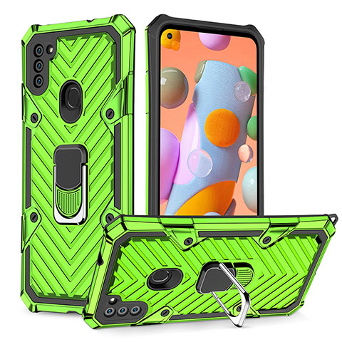 Silikon Hülle Handyhülle und Kunststoff Schutzhülle Hartschalen Tasche mit Magnetisch Fingerring Ständer YF1 für Samsung Galaxy A11 Minzgrün