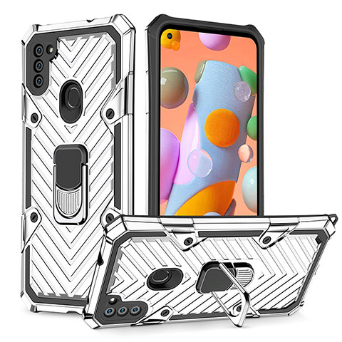 Silikon Hülle Handyhülle und Kunststoff Schutzhülle Hartschalen Tasche mit Magnetisch Fingerring Ständer YF1 für Samsung Galaxy A11 Silber