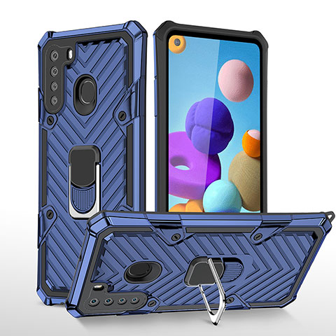 Silikon Hülle Handyhülle und Kunststoff Schutzhülle Hartschalen Tasche mit Magnetisch Fingerring Ständer YF1 für Samsung Galaxy A21 Blau