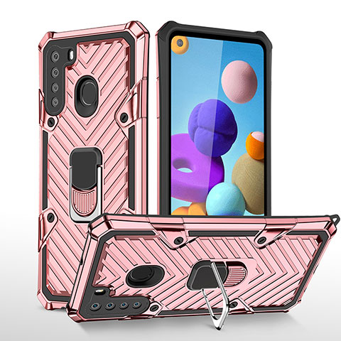 Silikon Hülle Handyhülle und Kunststoff Schutzhülle Hartschalen Tasche mit Magnetisch Fingerring Ständer YF1 für Samsung Galaxy A21 Rosegold