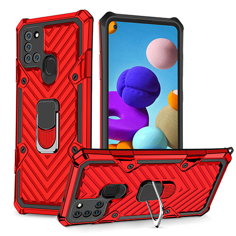 Silikon Hülle Handyhülle und Kunststoff Schutzhülle Hartschalen Tasche mit Magnetisch Fingerring Ständer YF1 für Samsung Galaxy A21s Rot