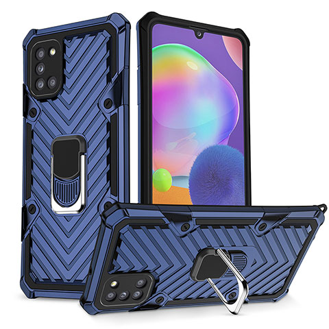 Silikon Hülle Handyhülle und Kunststoff Schutzhülle Hartschalen Tasche mit Magnetisch Fingerring Ständer YF1 für Samsung Galaxy A31 Blau