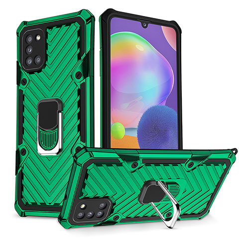 Silikon Hülle Handyhülle und Kunststoff Schutzhülle Hartschalen Tasche mit Magnetisch Fingerring Ständer YF1 für Samsung Galaxy A31 Grün