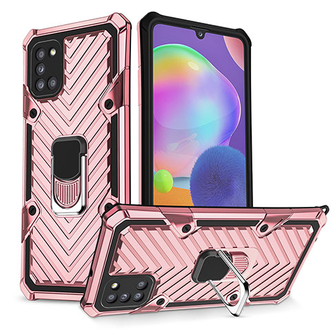 Silikon Hülle Handyhülle und Kunststoff Schutzhülle Hartschalen Tasche mit Magnetisch Fingerring Ständer YF1 für Samsung Galaxy A31 Rosegold