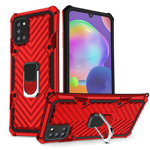 Silikon Hülle Handyhülle und Kunststoff Schutzhülle Hartschalen Tasche mit Magnetisch Fingerring Ständer YF1 für Samsung Galaxy A31 Rot