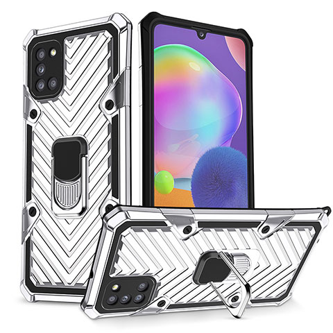 Silikon Hülle Handyhülle und Kunststoff Schutzhülle Hartschalen Tasche mit Magnetisch Fingerring Ständer YF1 für Samsung Galaxy A31 Silber