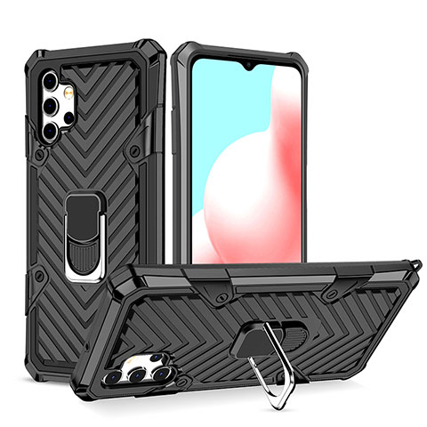 Silikon Hülle Handyhülle und Kunststoff Schutzhülle Hartschalen Tasche mit Magnetisch Fingerring Ständer YF1 für Samsung Galaxy A32 4G Schwarz