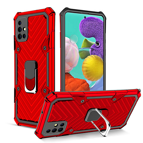 Silikon Hülle Handyhülle und Kunststoff Schutzhülle Hartschalen Tasche mit Magnetisch Fingerring Ständer YF1 für Samsung Galaxy A51 4G Rot