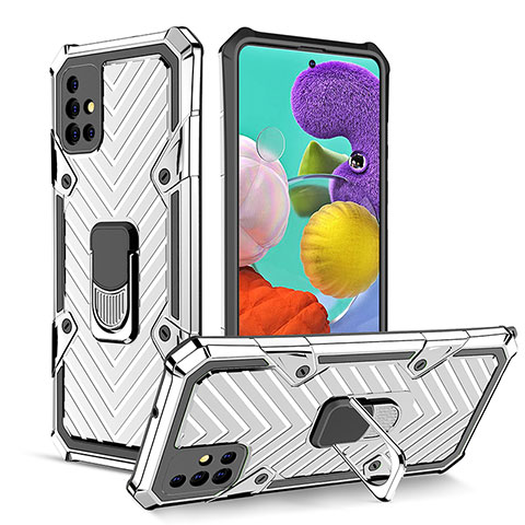 Silikon Hülle Handyhülle und Kunststoff Schutzhülle Hartschalen Tasche mit Magnetisch Fingerring Ständer YF1 für Samsung Galaxy A51 4G Silber