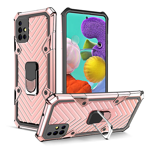 Silikon Hülle Handyhülle und Kunststoff Schutzhülle Hartschalen Tasche mit Magnetisch Fingerring Ständer YF1 für Samsung Galaxy A51 5G Rosegold