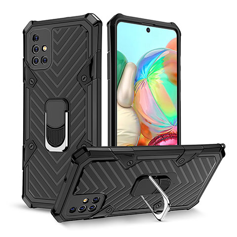 Silikon Hülle Handyhülle und Kunststoff Schutzhülle Hartschalen Tasche mit Magnetisch Fingerring Ständer YF1 für Samsung Galaxy A71 4G A715 Schwarz