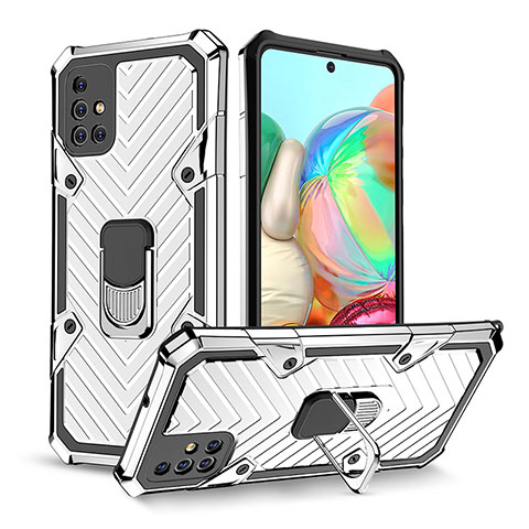 Silikon Hülle Handyhülle und Kunststoff Schutzhülle Hartschalen Tasche mit Magnetisch Fingerring Ständer YF1 für Samsung Galaxy A71 4G A715 Silber