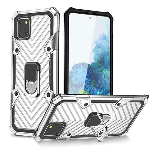 Silikon Hülle Handyhülle und Kunststoff Schutzhülle Hartschalen Tasche mit Magnetisch Fingerring Ständer YF1 für Samsung Galaxy A81 Silber