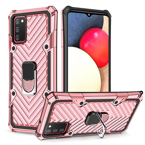 Silikon Hülle Handyhülle und Kunststoff Schutzhülle Hartschalen Tasche mit Magnetisch Fingerring Ständer YF1 für Samsung Galaxy M02s Rosegold