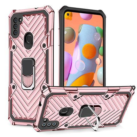 Silikon Hülle Handyhülle und Kunststoff Schutzhülle Hartschalen Tasche mit Magnetisch Fingerring Ständer YF1 für Samsung Galaxy M11 Rosegold