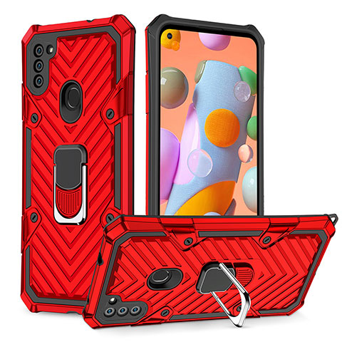 Silikon Hülle Handyhülle und Kunststoff Schutzhülle Hartschalen Tasche mit Magnetisch Fingerring Ständer YF1 für Samsung Galaxy M11 Rot