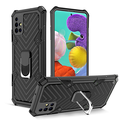 Silikon Hülle Handyhülle und Kunststoff Schutzhülle Hartschalen Tasche mit Magnetisch Fingerring Ständer YF1 für Samsung Galaxy M40S Schwarz