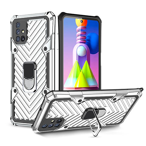 Silikon Hülle Handyhülle und Kunststoff Schutzhülle Hartschalen Tasche mit Magnetisch Fingerring Ständer YF1 für Samsung Galaxy M51 Silber