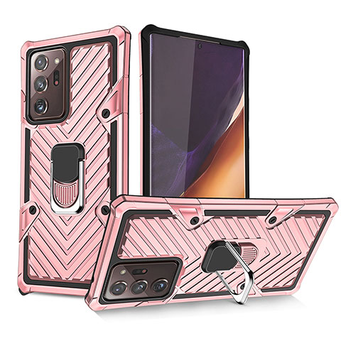 Silikon Hülle Handyhülle und Kunststoff Schutzhülle Hartschalen Tasche mit Magnetisch Fingerring Ständer YF1 für Samsung Galaxy Note 20 Ultra 5G Rosegold