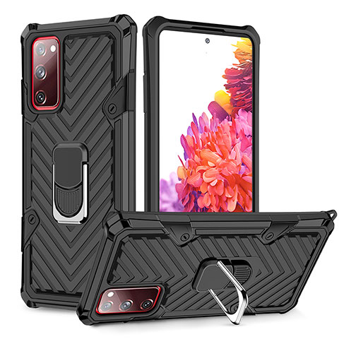 Silikon Hülle Handyhülle und Kunststoff Schutzhülle Hartschalen Tasche mit Magnetisch Fingerring Ständer YF1 für Samsung Galaxy S20 FE 4G Schwarz