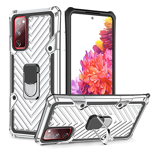 Silikon Hülle Handyhülle und Kunststoff Schutzhülle Hartschalen Tasche mit Magnetisch Fingerring Ständer YF1 für Samsung Galaxy S20 FE 5G Silber