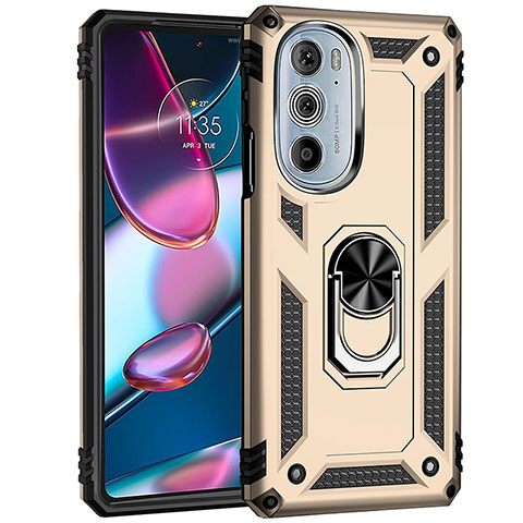 Silikon Hülle Handyhülle und Kunststoff Schutzhülle Hartschalen Tasche mit Magnetisch Fingerring Ständer Z01 für Motorola Moto Edge 30 Pro 5G Gold