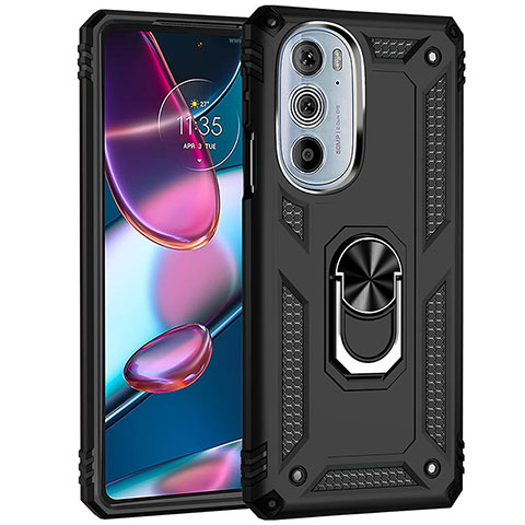 Silikon Hülle Handyhülle und Kunststoff Schutzhülle Hartschalen Tasche mit Magnetisch Fingerring Ständer Z01 für Motorola Moto Edge 30 Pro 5G Schwarz