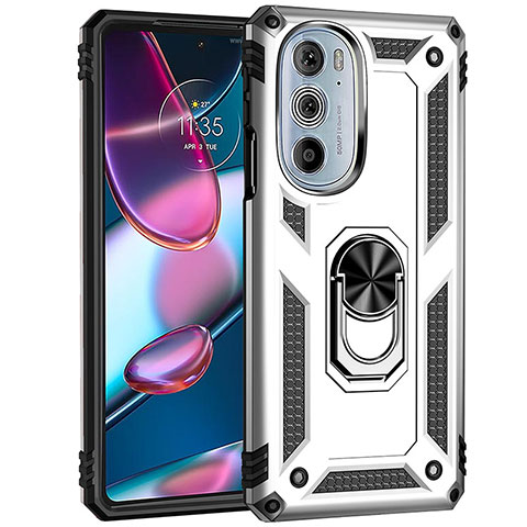 Silikon Hülle Handyhülle und Kunststoff Schutzhülle Hartschalen Tasche mit Magnetisch Fingerring Ständer Z01 für Motorola Moto Edge 30 Pro 5G Silber