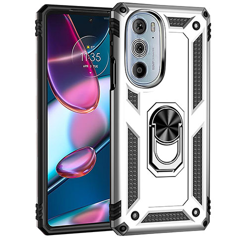 Silikon Hülle Handyhülle und Kunststoff Schutzhülle Hartschalen Tasche mit Magnetisch Fingerring Ständer Z01 für Motorola Moto Edge X30 5G Silber