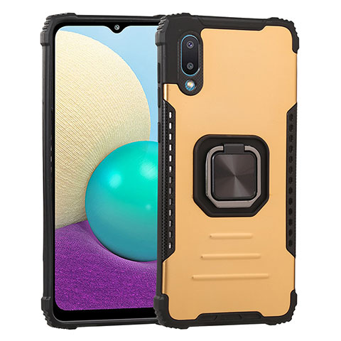 Silikon Hülle Handyhülle und Kunststoff Schutzhülle Hartschalen Tasche mit Magnetisch Fingerring Ständer ZJ1 für Samsung Galaxy A02 Gold