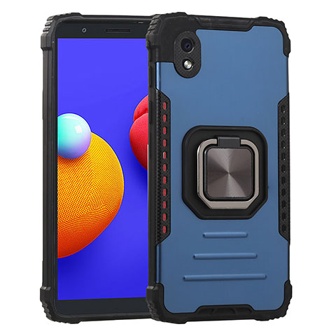 Silikon Hülle Handyhülle und Kunststoff Schutzhülle Hartschalen Tasche mit Magnetisch Fingerring Ständer ZJ2 für Samsung Galaxy A01 Core Blau