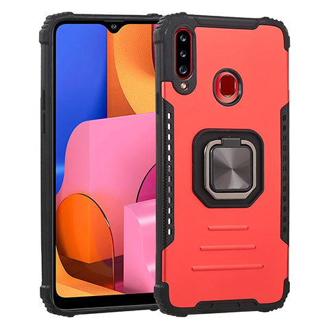 Silikon Hülle Handyhülle und Kunststoff Schutzhülle Hartschalen Tasche mit Magnetisch Fingerring Ständer ZJ2 für Samsung Galaxy A20s Rot