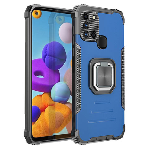 Silikon Hülle Handyhülle und Kunststoff Schutzhülle Hartschalen Tasche mit Magnetisch Fingerring Ständer ZJ2 für Samsung Galaxy A21s Blau