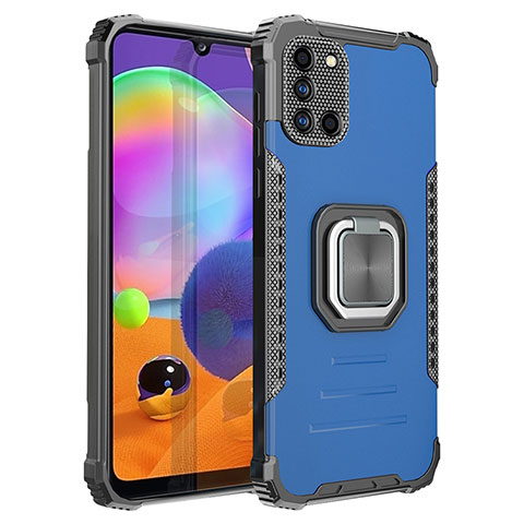 Silikon Hülle Handyhülle und Kunststoff Schutzhülle Hartschalen Tasche mit Magnetisch Fingerring Ständer ZJ2 für Samsung Galaxy A31 Blau