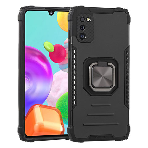 Silikon Hülle Handyhülle und Kunststoff Schutzhülle Hartschalen Tasche mit Magnetisch Fingerring Ständer ZJ2 für Samsung Galaxy A41 Schwarz