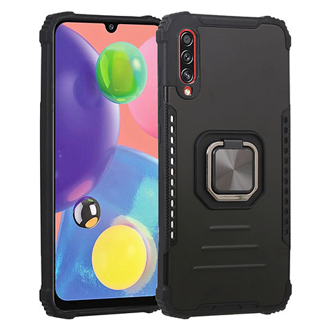 Silikon Hülle Handyhülle und Kunststoff Schutzhülle Hartschalen Tasche mit Magnetisch Fingerring Ständer ZJ2 für Samsung Galaxy A70S Schwarz