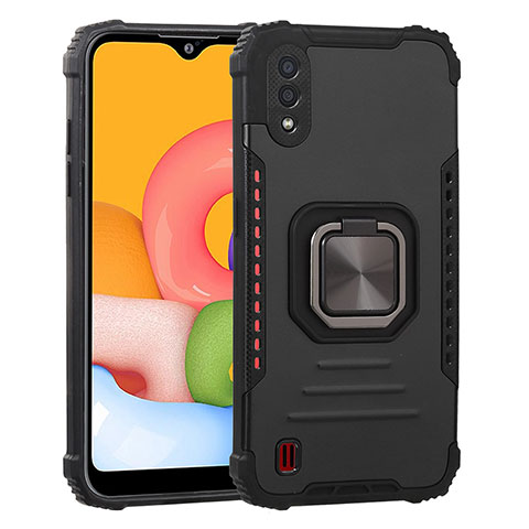 Silikon Hülle Handyhülle und Kunststoff Schutzhülle Hartschalen Tasche mit Magnetisch Fingerring Ständer ZJ2 für Samsung Galaxy M01 Schwarz