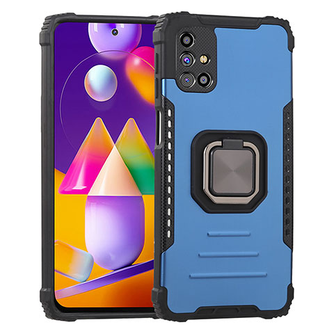 Silikon Hülle Handyhülle und Kunststoff Schutzhülle Hartschalen Tasche mit Magnetisch Fingerring Ständer ZJ2 für Samsung Galaxy M51 Blau