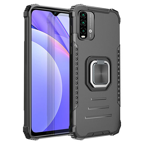 Silikon Hülle Handyhülle und Kunststoff Schutzhülle Hartschalen Tasche mit Magnetisch Fingerring Ständer ZJ2 für Xiaomi Redmi 9T 4G Schwarz