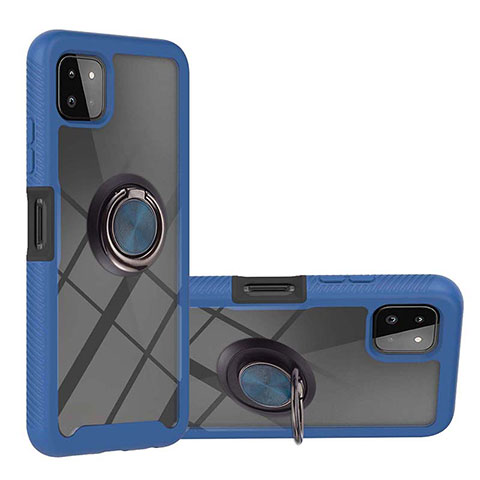 Silikon Hülle Handyhülle und Kunststoff Schutzhülle Hartschalen Tasche mit Magnetisch Fingerring Ständer ZJ5 für Samsung Galaxy A22s 5G Blau