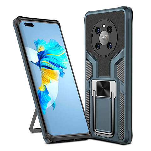 Silikon Hülle Handyhülle und Kunststoff Schutzhülle Hartschalen Tasche mit Magnetisch Fingerring Ständer ZL1 für Huawei Mate 40 Pro Cyan