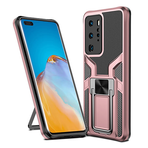 Silikon Hülle Handyhülle und Kunststoff Schutzhülle Hartschalen Tasche mit Magnetisch Fingerring Ständer ZL1 für Huawei P40 Pro Rosegold