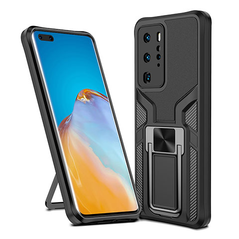 Silikon Hülle Handyhülle und Kunststoff Schutzhülle Hartschalen Tasche mit Magnetisch Fingerring Ständer ZL1 für Huawei P40 Pro Schwarz