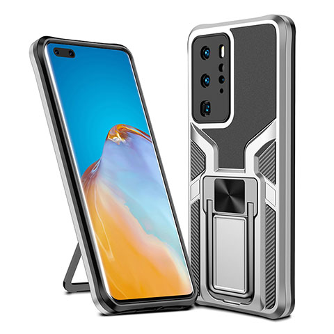 Silikon Hülle Handyhülle und Kunststoff Schutzhülle Hartschalen Tasche mit Magnetisch Fingerring Ständer ZL1 für Huawei P40 Pro Silber