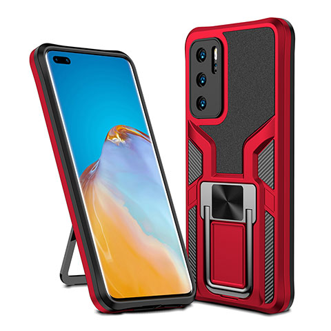 Silikon Hülle Handyhülle und Kunststoff Schutzhülle Hartschalen Tasche mit Magnetisch Fingerring Ständer ZL1 für Huawei P40 Rot